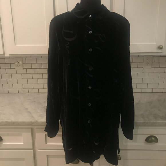 Quacker Factory Shirt Womens L Black Velvet Flocked Silk Button Front Tunic - Picture 2 of 7